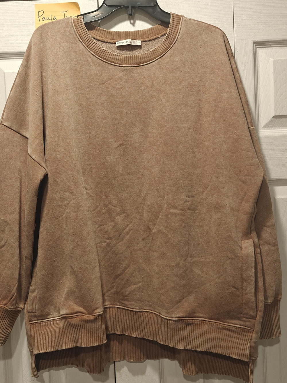 Zenana Just For You Distressed Pullover Mocha NWOT - Picture 1 of 3